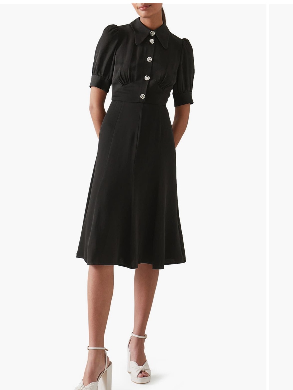 LK Bennett Black Midi Esme Dress with Jewel Buttons Size 10